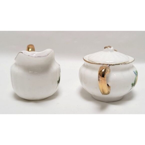 Vintage 4 Piece Miniature Bone China Creamer Sugar Tray Set Floral Gold Accents - Picture 8 of 11